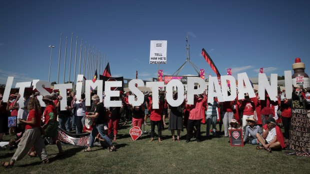 Adani protestors on the front lawn of Parliament House in Canberra in February this year.