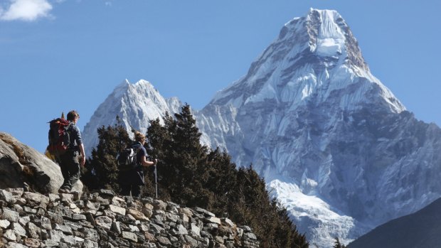 Trekkers make their way to Dingboche, a popular Mount Everest base camp in Pangboche, Nepal.