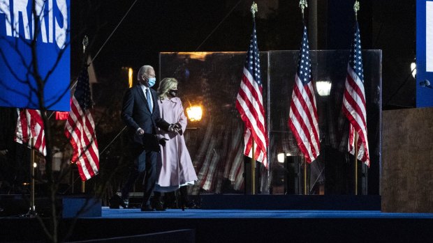 Joe Biden, the Democratic presidential nominee, and his wife, Jill Biden, on election night in Delaware.