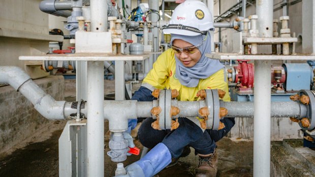 An employee at work in the Lynas processing plant in Kuantan, Malaysia.