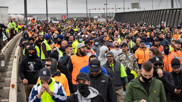 Protesters on the West Gate Bridge on Tuesday.