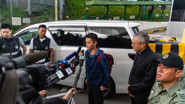 Chan Tong-kai talks to the media as he is released from prison on Wednesday.
