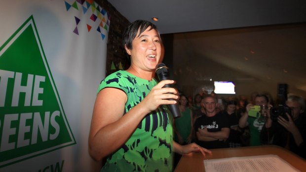 Newtown MP Jenny Leong celebrates her win at the 2015 NSW election.