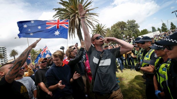 Far-right activists made a Nazi salute at St Kilda on Saturday.