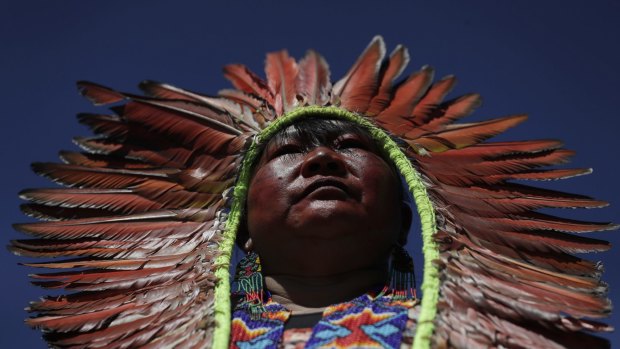 An indigenous chief was among women marching on Tuesday in Brasilia against the policies of Brazilian President Jair Bolsonaro.