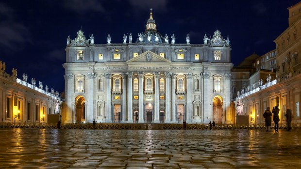 Low Angle View Of St Peter Basilica Against Sky At Night The Vatican.