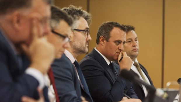 Liberal MP Tim Wilson chairing the franking credit public hearing at Chatswood, Sydney, in February.