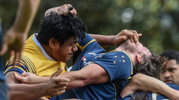 Will Skelton in the heat of battle at Wallabies training with Kane Douglas in 2015. 