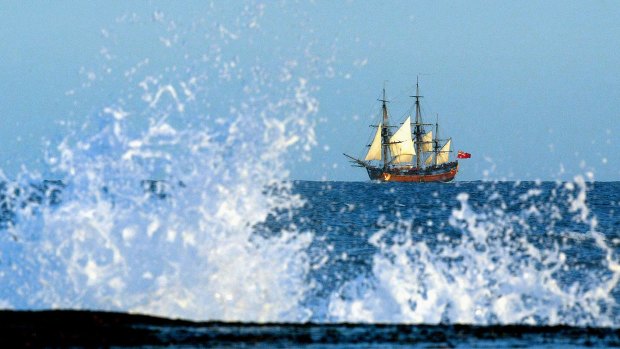 The Endeavour replica heads up the coast off Sydney in 2005.