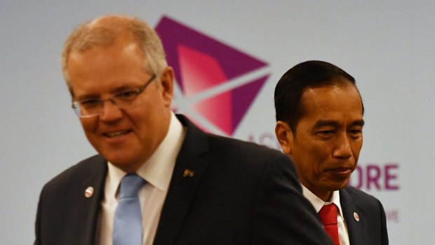 Prime Minister Scott Morrison and Indonesian President Joko Widodo at a bilateral meeting during the 2018 ASEAN Summit in Singapore, last week.