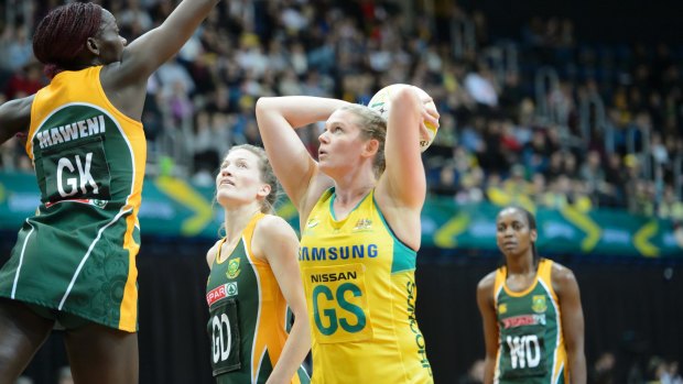 Australian goal shooter Caitlin Thwaites scores for the Diamonds against South Africa. Photo: Sitthixay Ditthavong