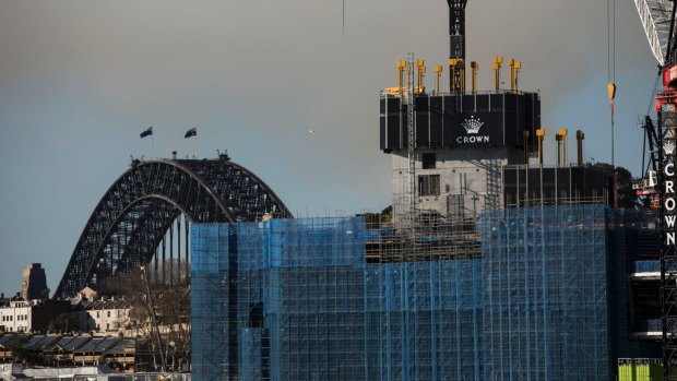 A view from Pyrmont of Crown Casino being constructed at Barangaroo in Sydney on August 9, 2018. Photo: Dominic Lorrimer