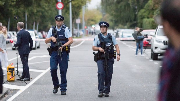 New Zealand police secure the area near the Masjid Al Noor Mosque in Christchurch on Saturday after a terror attack by a gunman killed 49 people.