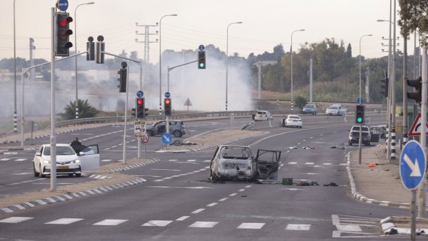 A car destroyed by Palestinian militants in Sderot, Israel.
