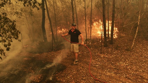 Michael Gate doing his best against the fury of the Green Wattle fire in Orangeville.