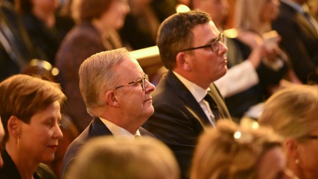 Opposition Leader Anthony Albanese and Victorian Premier Daniel Andrews at the funeral of Kimberley Kitching in St Patrick’s Cathedral in March.