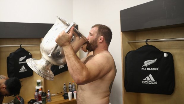 Milestone: Owen Franks, pictured here celebrating a Bledisloe Cup win in Wellington in 2016, will play his 100th Test for New Zealand this week.