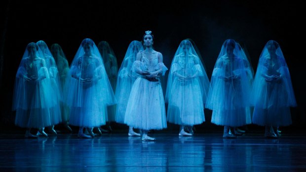 Myrtha (Ako Kondo),centre and the Wilis in the second act of the Australian Ballet's 2015 production of "Giselle" photo Jeff Busby