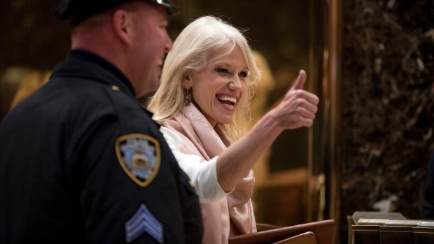Kellyanne Conway, pictured at Trump Tower, met Trump through her husband after moving into the gilded New York building.