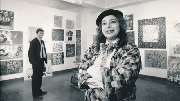 Mirka Mora with her son, William Mora, in his new gallery, 1987.