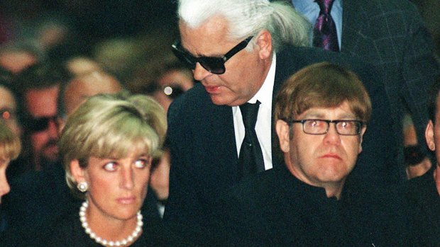 Diana, Princess of Wales, German fashion designer Karl Lagerfeld and British pop-star Elton John attend the memorial mass for Gianni Versace in Milan in 1997.
