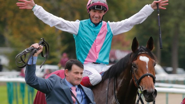 Foreign rival: Italian Lanfranco Dettori aboard British horse Enable after wnning the Qatar Prix de l'Arc de Triomphe at the Chantilly racetrack near Paris, in, 2017. 