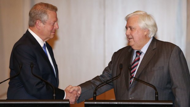 The odd couple that helped save ARENA from the Abbott government's axe in 2014: former US vice-president Al Gore, left,  and then-elected MP,  coal miner Clive Palmer. 