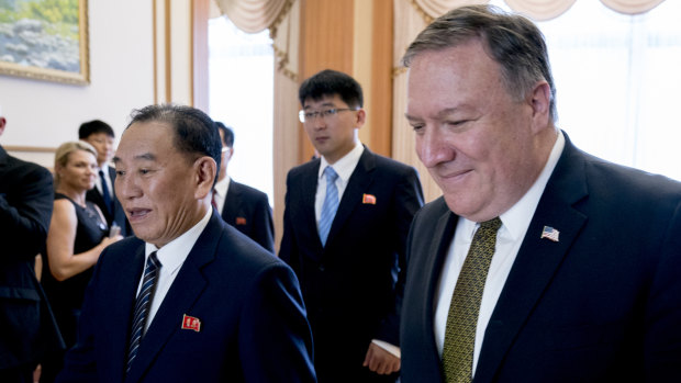 Mike Pompeo, right, and Kim Yong-chol, left, arrive for a lunch on Saturday.