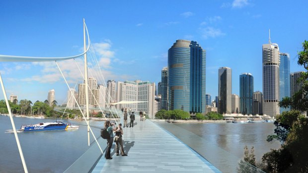 Artist impression of a proposed Kangaroo Point pedestrian bridge between Thornton St and Edward St.