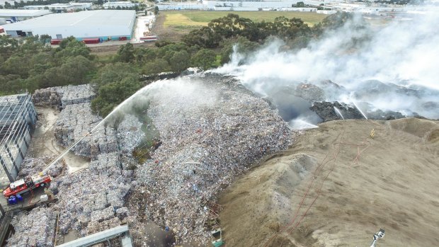 The July 2017 fire at the SKM's plant in Coolaroo, where tonnes of recycling had been stockpiled. 