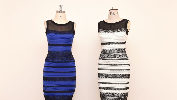 The two-tone dress, left,  alongside an ivory and black version made by Roman Originals, that sparked a global debate on Twitter over what colour it is.
