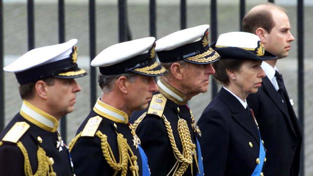 Prince Andrew, Prince Charles, Prince Philip, Princess Anne and Prince Edward at the Queen Mother’s funeral in 2002.