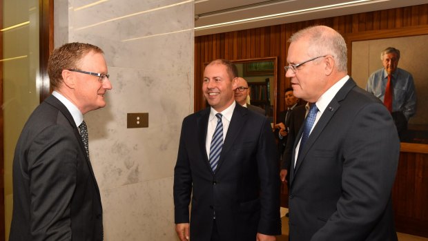 Prime Minister Scott Morrison and Treasurer Josh Frydenberg meet with the RBA Governor Philip Lowe at the Reserve Bank of Australia in Sydney, Wednesday, May, 22, 2019. 
