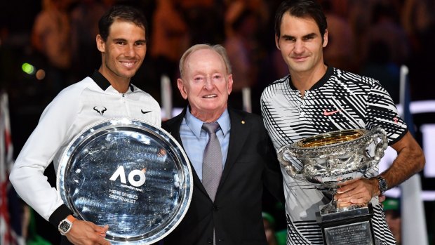 Rafael Nadal, Rod Laver and Roger Federer after the Australian Open 2017 men's final.