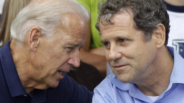 Then Vice President Joe Biden, left, speaks with Senator Sherrod Brown at union Labor Day picnic in Ohio in 2011.