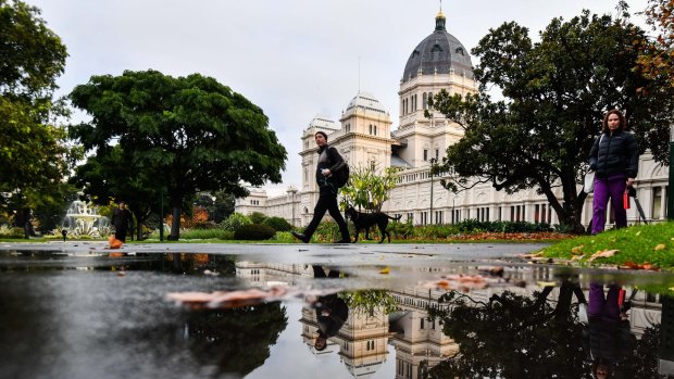Rain at the Royal Exhibition Building in Carlton Gardens this month.