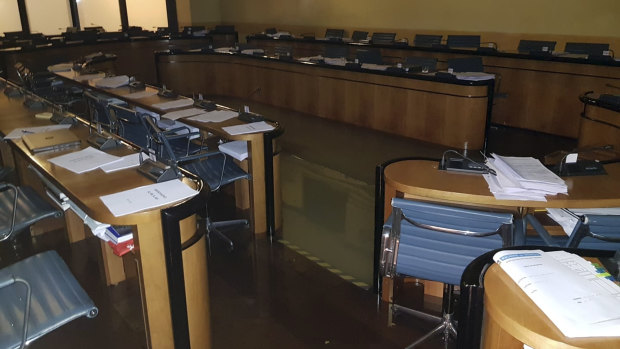 The Veneto regional council chambers in the Palazzo Ferro Fini, Venice, flooded while legislators discussed climate change.
