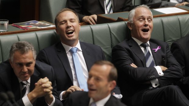 In happier times ... Liberal colleagues, from left, Joe Hockey, Peter Dutton, Tony Abbott and Malcolm Turnbull  in 2013. 