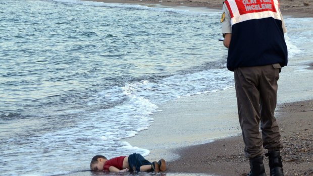 The body of three-year-old Alan Kurdi on the beach near Bodrum, Turkey, in 2015. 