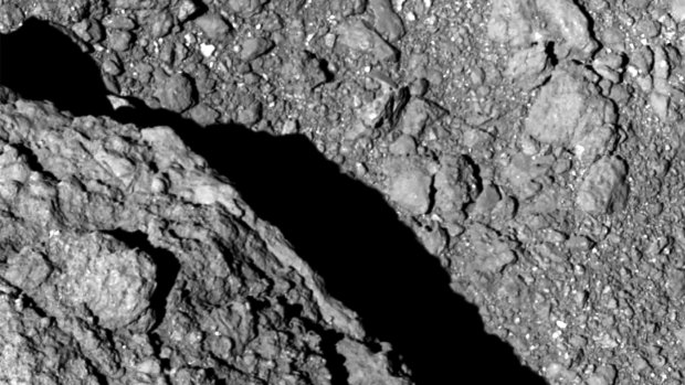 An image taken at an altitude of 64 metres from Hayabusa 2 shows the surface of asteroid Ryugu. 