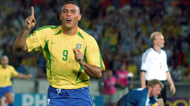 Stepping up: Brazil's Ronaldo after scoring against Germany in the final 16 years ago.