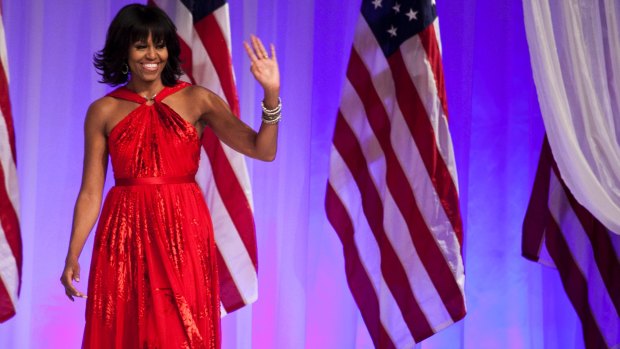 Michelle Obama on Inauguration Day in 2013, wearing a dress by Jason Wu.