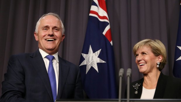 Malcolm Turnbull and Julie Bishop hold their first press conference after winning the leadership ballot on Monday night. 