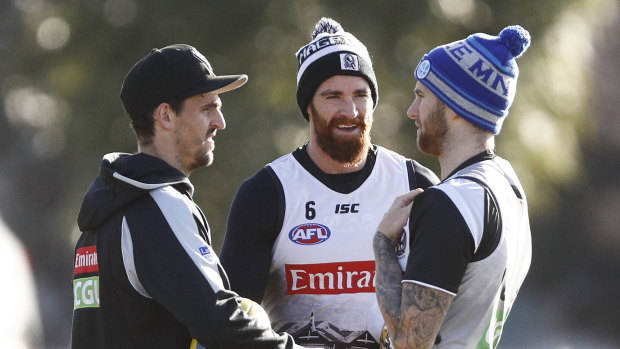 The Pies have had some good news on the injury front, with Tyson Goldsack (centre) and Jeremy Howe (right) progressing.