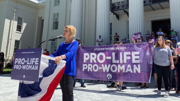 Beck Gerritson, president of Eagle Forum of Alabama, speaks at an anti-abortion rally outside the Capitol in Montgomery, Alabama. 