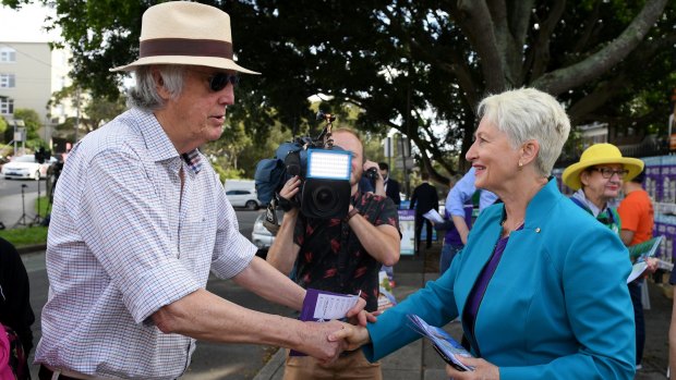 Independent candidate for Wentworth Kerryn Phelps is seen handing out how to vote cards at a polling place at Bellevue Hill.