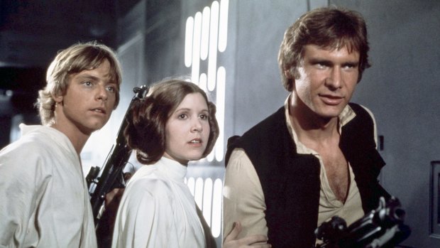 Mark Hamill, Carrie Fisher and Harrison Ford in the original Star Wars, 1977.