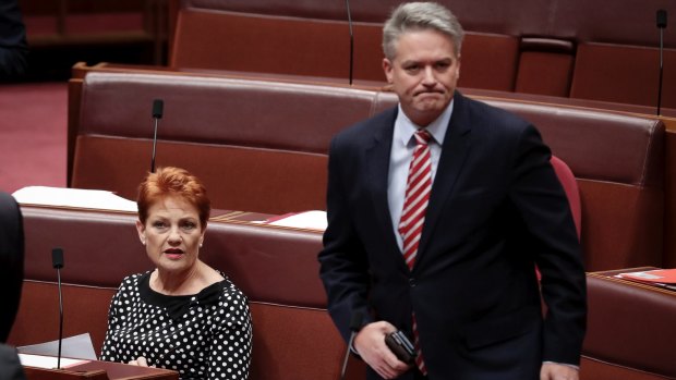 Senators Pauline Hanson and Finance Minister Mathias Cormann.