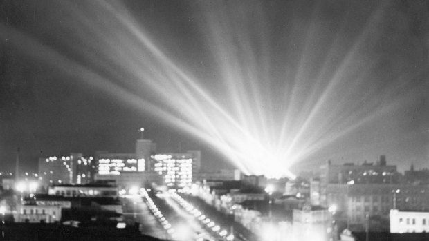 Search lights create a flare of light over Melbourne to celebrate the victory in Europe.