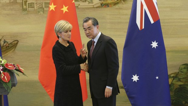 Foreign ministers Julie Bishop and Wang Yi in Beijing in 2016.